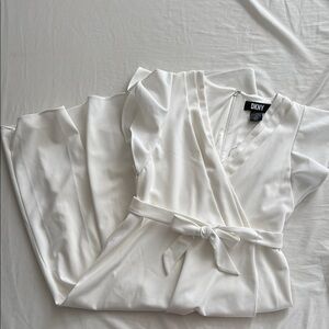 DKNY White Flutter Sleeve Faux Wrap Midi Dress